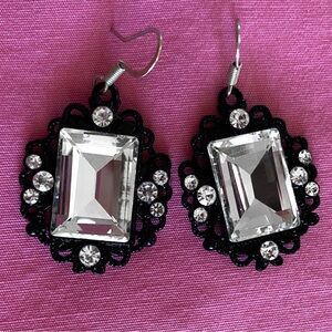 Silver Crystal Black Hardware Dangle Earring Lace Victorian Festival Prom Guess